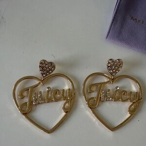 Juicy Couture new Gold Heart Script Earrings, rhinestones 2” long